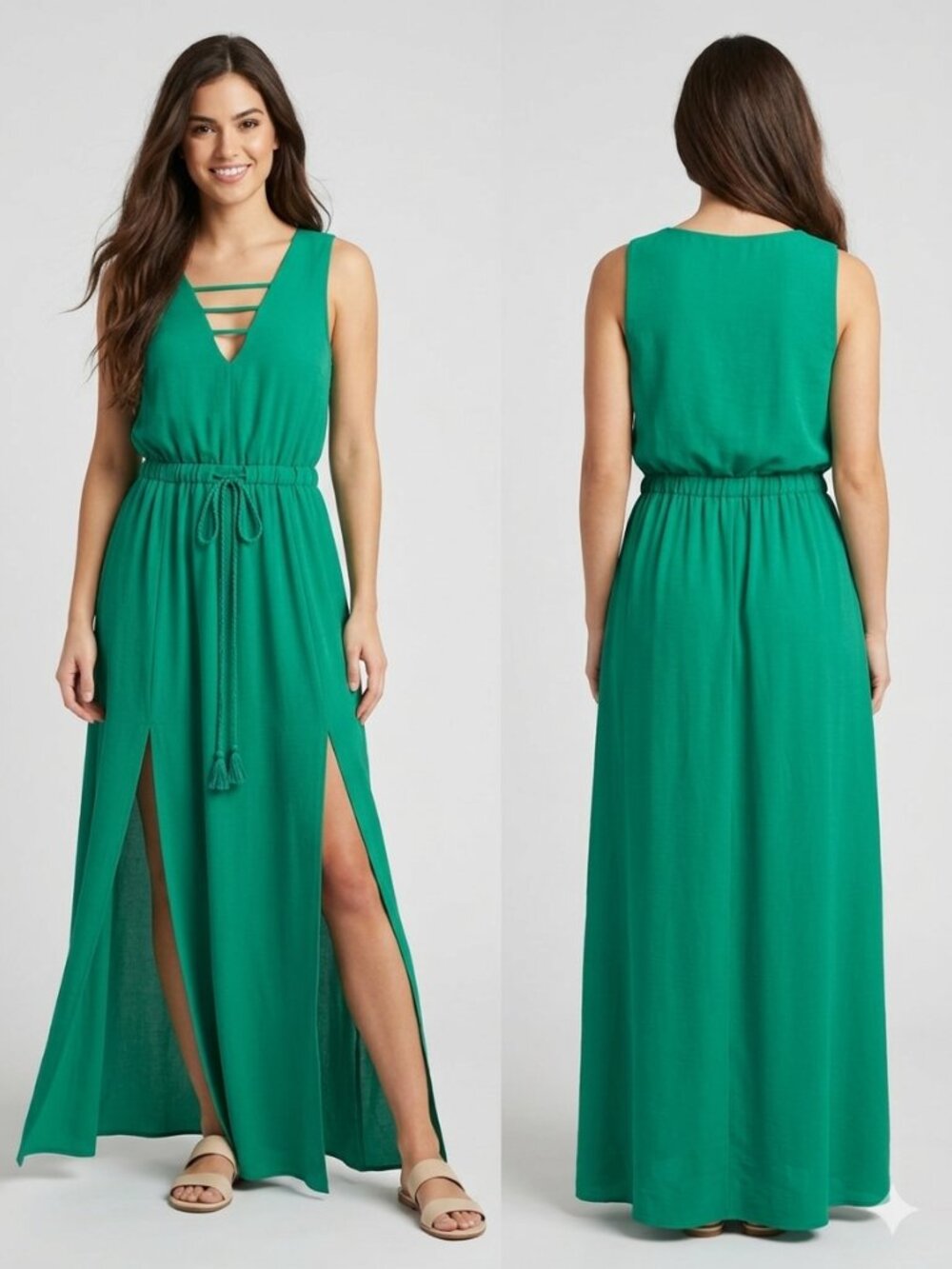 JACK by BB Dakota Green Maxi Dress Medium V-Neck Strappy Tassel Boho Emerald